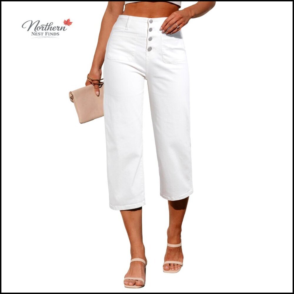 Wide Leg Capri Jeans High Waisted Stretchy Loose Denim Pants
